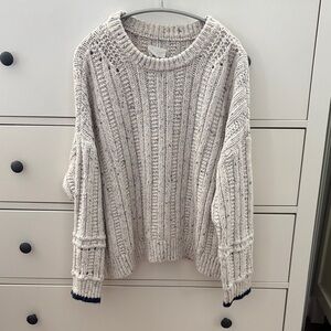 aerie Chunky Ribbed Crewneck Sweater in Light Gray with Navy Trim